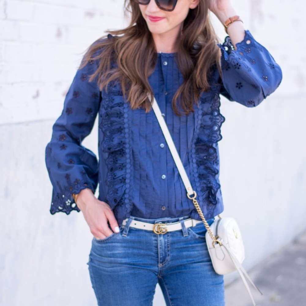 J Crew Button Down Eyelet  Ruffle Top